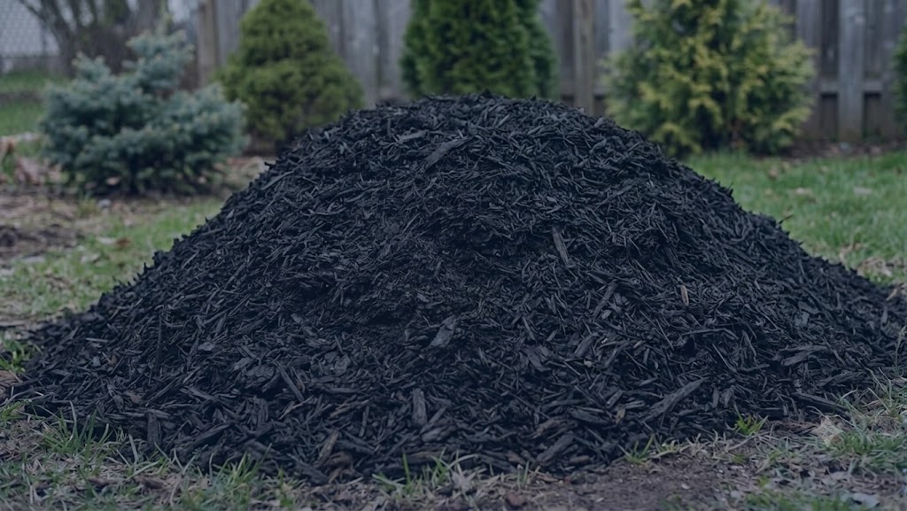 Pile of premium black mulch in a backyard